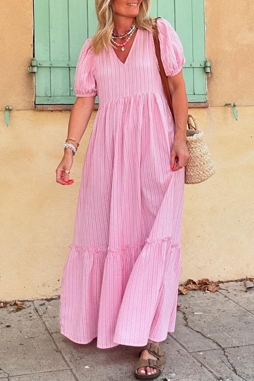 Pink Stripe V Neck Puff Short Sleeve Maxi Dress