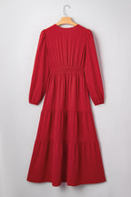 Racing Red Contrast Embroidered Detail Cinched Waist Tiered Long Sleeve Maxi Dress