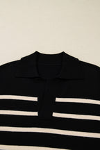 Black Stripe Polo Collar Puff Sleeve Sweater Mini Dress