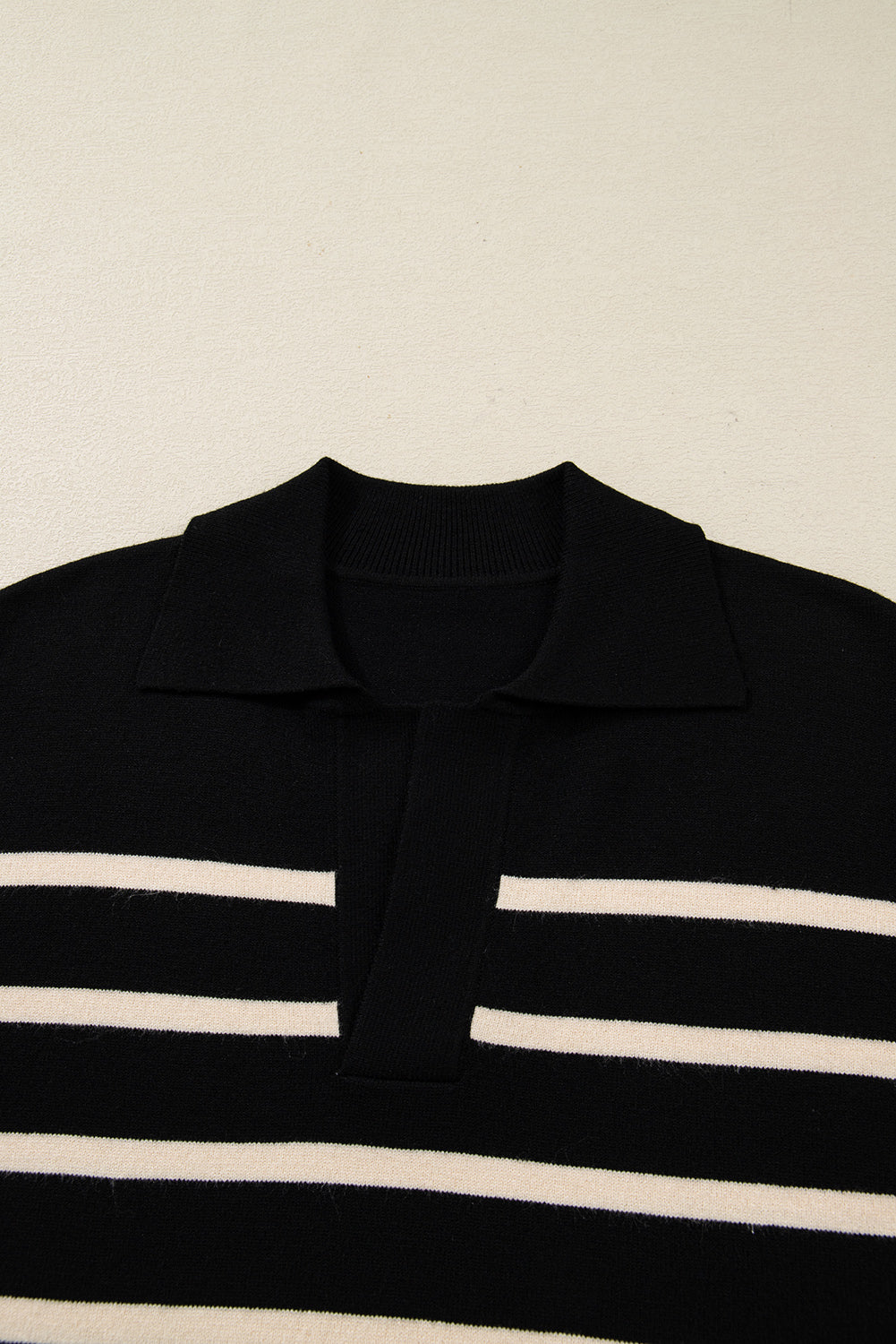 Black Stripe Polo Collar Puff Sleeve Sweater Mini Dress
