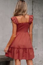 Red Sandalwood Geometric Stitch Shirred Bodice Ruffled Trim Sleeveless Mini Dress