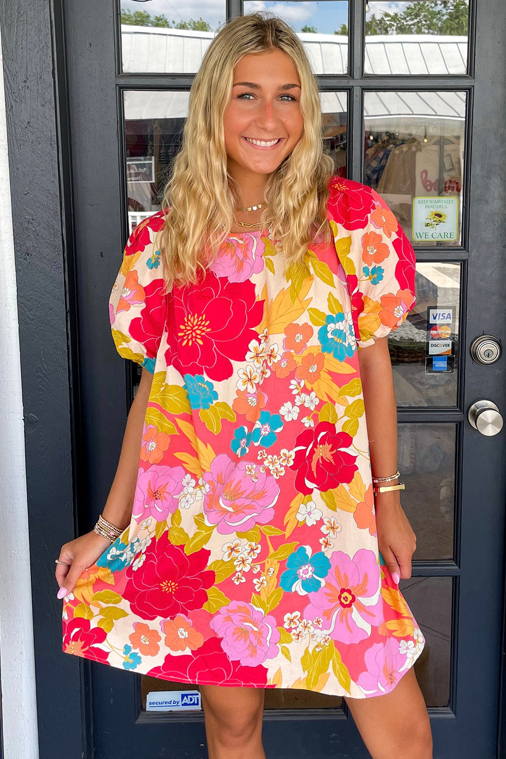 Pink Floral Print Bubble Short Sleeve Dress