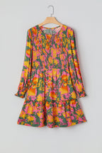 Multicolour Floral Print Long Sleeve Smocked Ruffled Mini Dress