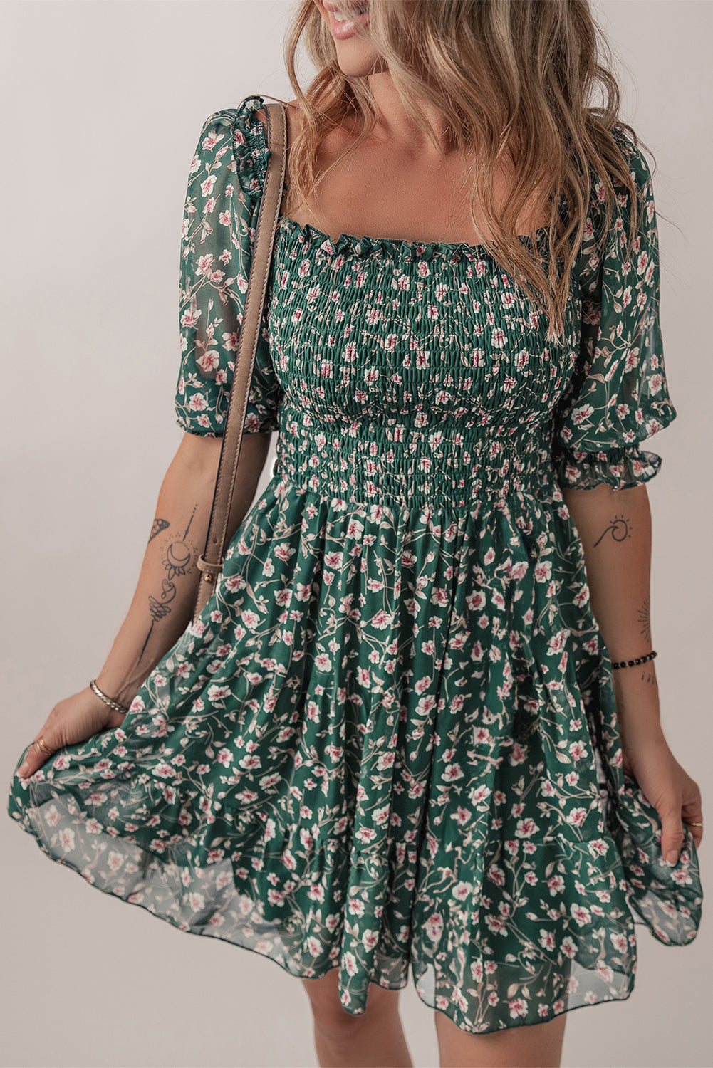 Green Smocked Square Neck Puff Short Sleeve Floral Dress