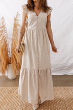 Khaki Stripe Flutter Sleeve Buttoned Front Slit Maxi Dress
