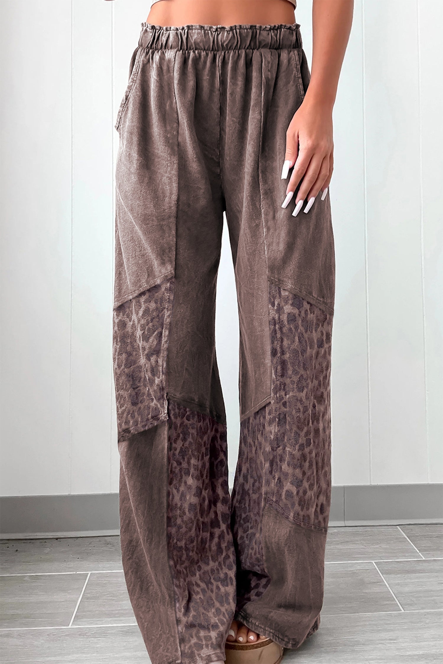 Dark Grey Mineral Wash Leopard Patchwork Loose Pants