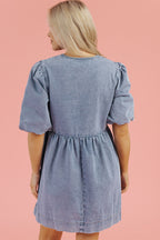 Dusk Blue Bowknot Bubble Sleeve Short Denim Dress