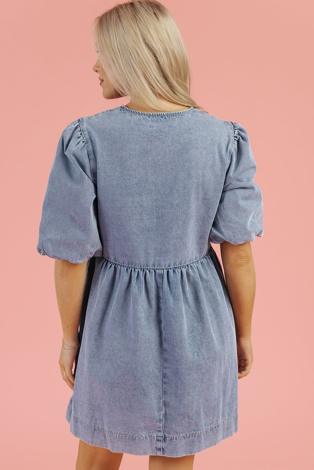 Dusk Blue Bowknot Bubble Sleeve Short Denim Dress