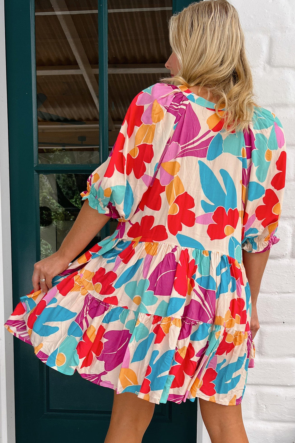 Rose Red Floral Bubble Sleeve V Neck Tiered Ruffle Babydoll Dress