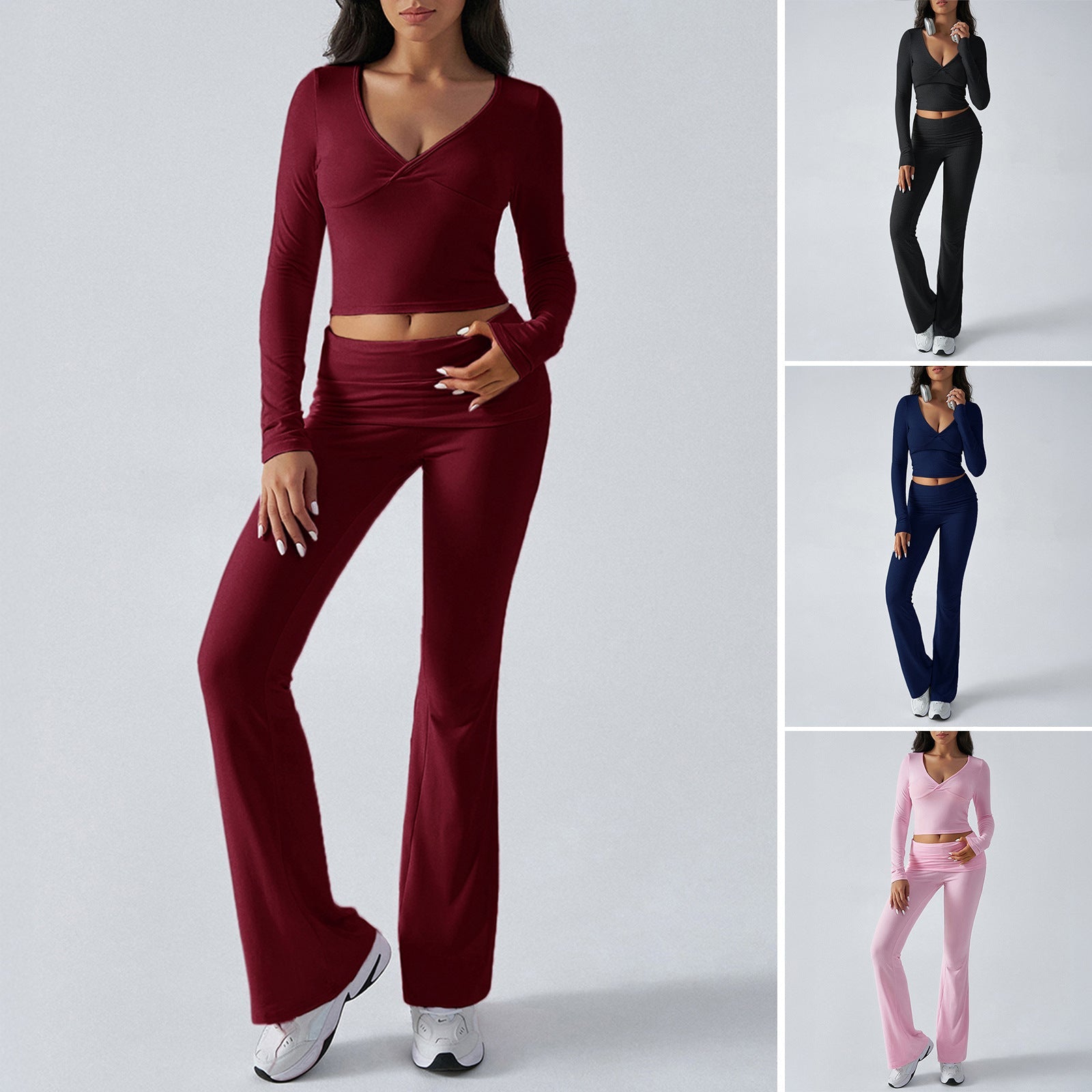 Women's Casual Sports Slim-fitting Knitted Long-sleeved Trousers Two-piece Suit