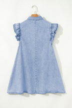 Beau Blue Double Ruffled Sleeves Buttoned A-line Collared Mini Denim Dress