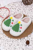 White Fuzzy Christmas Tree Pattern Home Slippers