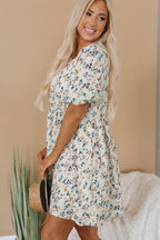 Beige Floral Puff Short Sleeve Empire Waist Mini Dress
