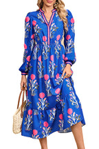 Blue Floral Print Striped Trim Split Neck Long Sleeve Ruffle Hem Midi Dress