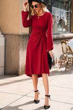 Fiery Red Solid Color Ruched Detail Long Sleeve Midi Dress