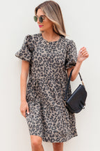 Brown Denim Leopard Printed Short Puff Sleeve Mini Dress