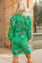 Green Floral Ruffled Three Quarter Sleeve Buttoned Mini Dress