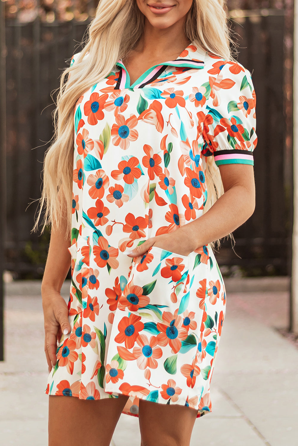 Orange Contrast Trim Floral Split Neck Puff Short Sleeve Tiered Mini Dress