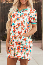 Orange Contrast Trim Floral Split Neck Puff Short Sleeve Tiered Mini Dress