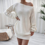 Casual Off-the-shoulder Lantern Sleeve Knitted Sweater Dress