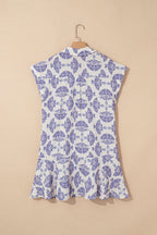 Sky Blue Printed Shirt Collar Half Button A-line Mini Dress