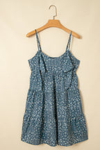 Blue Spaghetti Straps Floral Print Knot Detail High Waist Flared Dress