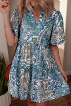 Blue Bohemian Paisley Floral V Neck Short Sleeve Mini Dress