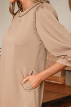 Light French Beige Braided Trim Puff Sleeve Dress