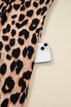 Brown Leopard Print Smocked Detail Flowy Midi Dress