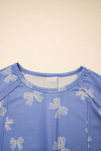 Sky Blue Bow Knot Print Crewneck Ruffled Sleeve Shift Mini Dress
