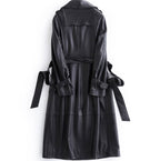Black Long Tie Double Breasted Leather Wind Coat