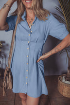 Myosotis Denim Pleated Slim Waist Short Sleeve Shirt Dress