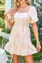 Pink Floral Puff Sleeve Square Neck Knotted Open Back Ruffled Mini Dress