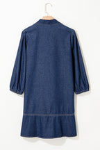 Sail Blue V Neck Collared Single Chest Pocket Long Sleeve Denim Dress