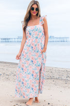 Pink Floral Print Square Neck Backless Long Dress with Slit