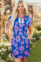 Purple Floral Striped Quarter Zip Cap Sleeve Drawstring Waist Mini Dress