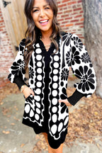 Black Polka Dot Floral Printed V Neck Long Sleeve Shift Mini Dress