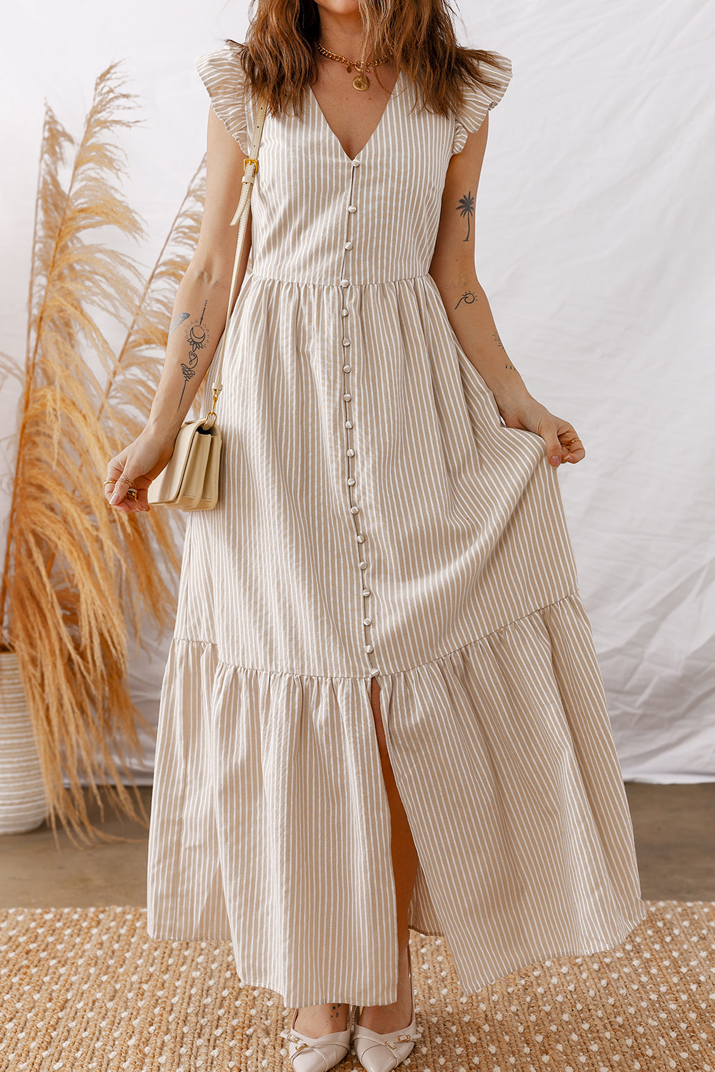 Khaki Stripe Flutter Sleeve Buttoned Front Slit Maxi Dress