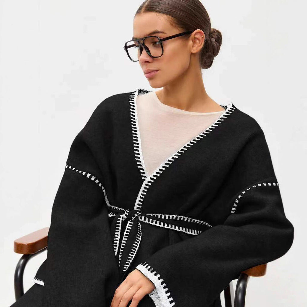 Lace-up Knitted Cardigan Loose Mid-length Sweater Coat