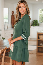 Canton Contrast Ricrac Trim Button V Neck Knotted Bracelet Sleeve Shift Dress