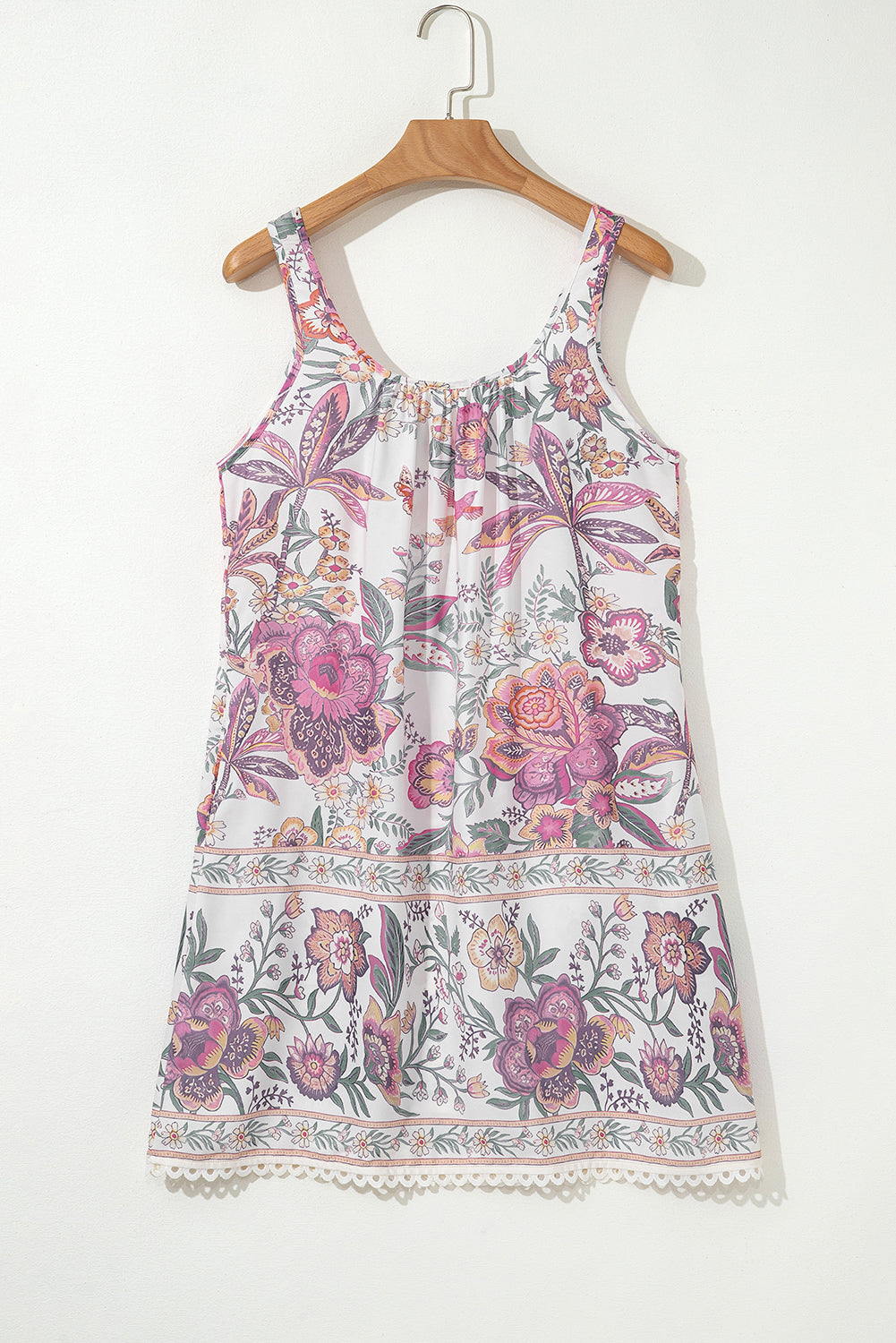 Multicolour Floral Print Fringed Tie U Neck Sleeveless Mini Dress