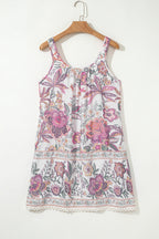 Multicolour Floral Print Fringed Tie U Neck Sleeveless Mini Dress