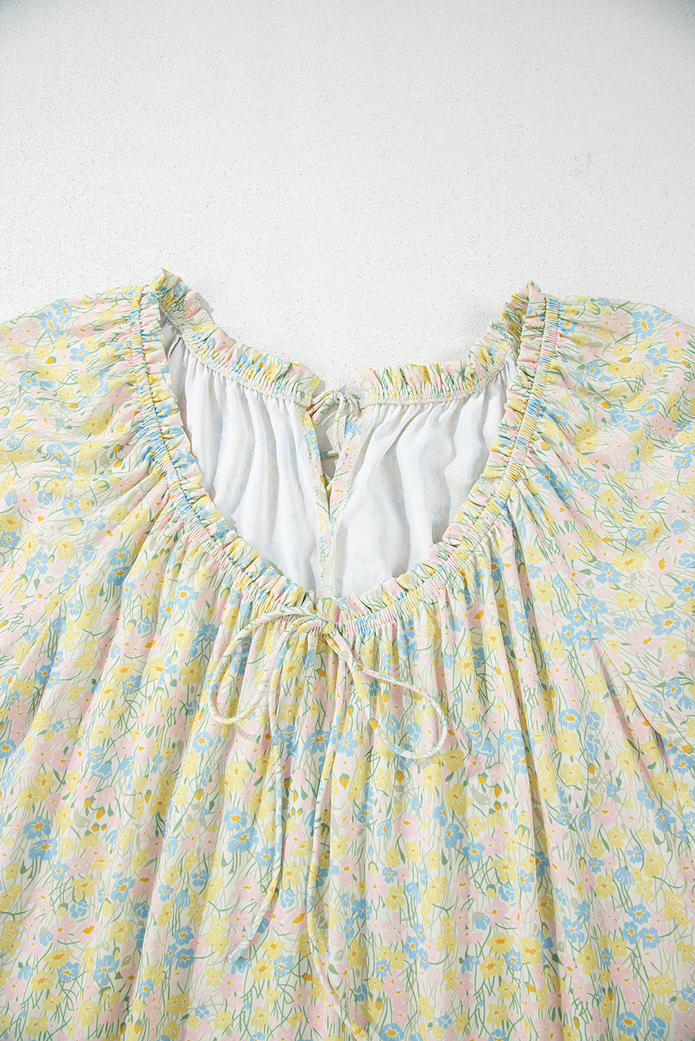 Green Floral Half Sleeve Frilled U Neck A-line Short Dress