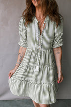 Green Stripe Tasseled Tie Neck Ruffled Short Sleeve Tiered Flattering Dress