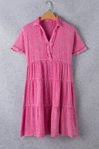 Strawberry Pink Mineral Wash Crinkle Split Neck Raw Hem Tiered Dress
