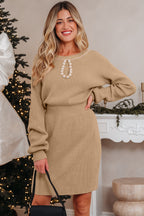 Smoke Gray Pearl Embellished Keyhole Ribbed Sweater Dress