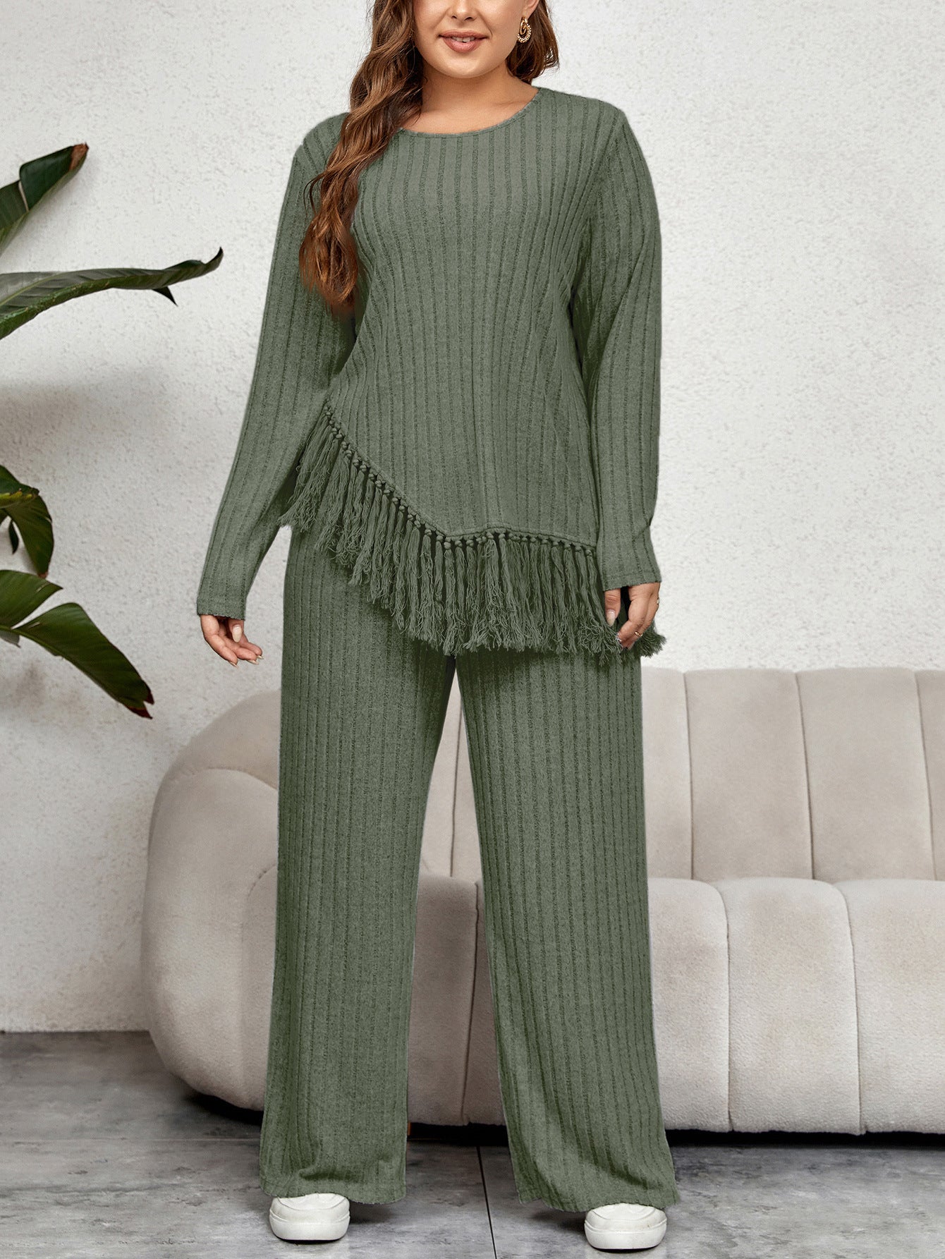 Irregular Fringe Long Sleeve Top With Loose Wide Leg Pants Set