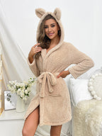 Plush Loungewear Robe Hooded Sleepwear With Drawstring