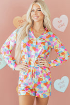 Pink Valentines Candy Heart V Neck Collared Tunic Shirt and Shorts 2pcs Pajama Set