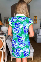 Bright Green Contrast Floral Print Collared V Neckline Ruffled Cap Sleeve Shift Dress with Pockets
